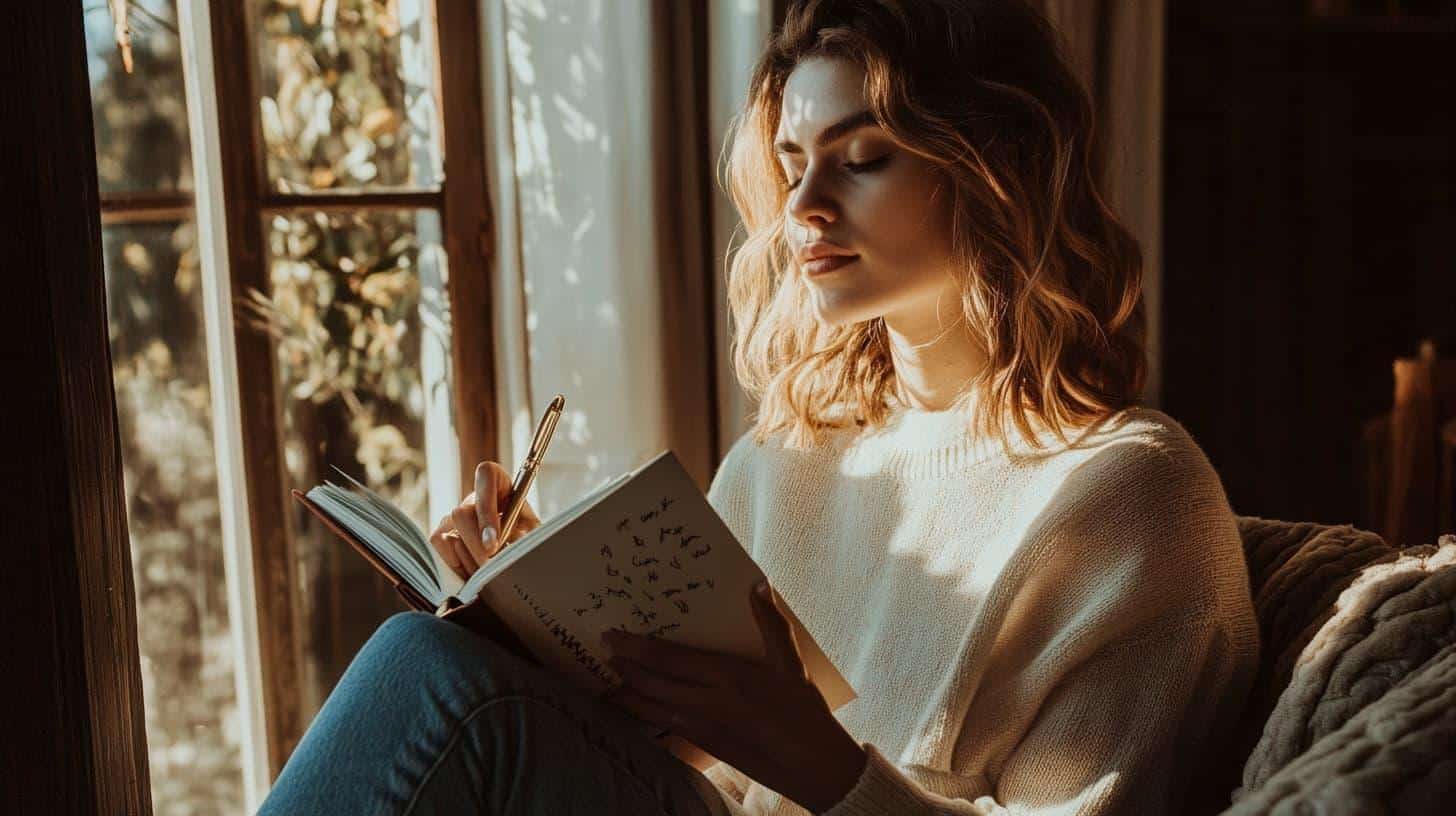 Woman journaling by a sunlit window