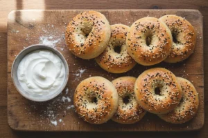 High protein sourdough discard recipes: sesame seed bagels on a wooden board