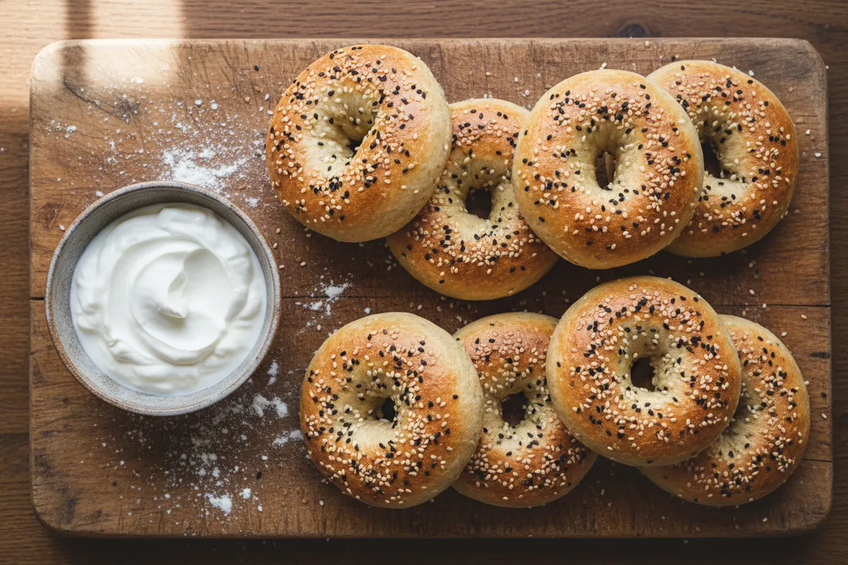 High protein sourdough discard recipes: sesame seed bagels on a wooden board
