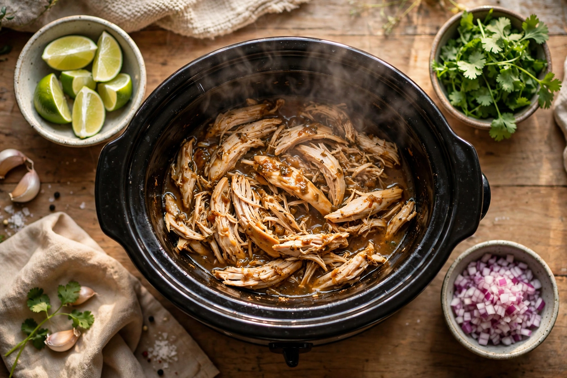 Slow cooker filled with tender shredded high-protein chicken, with lime wedges, cilantro and red onion