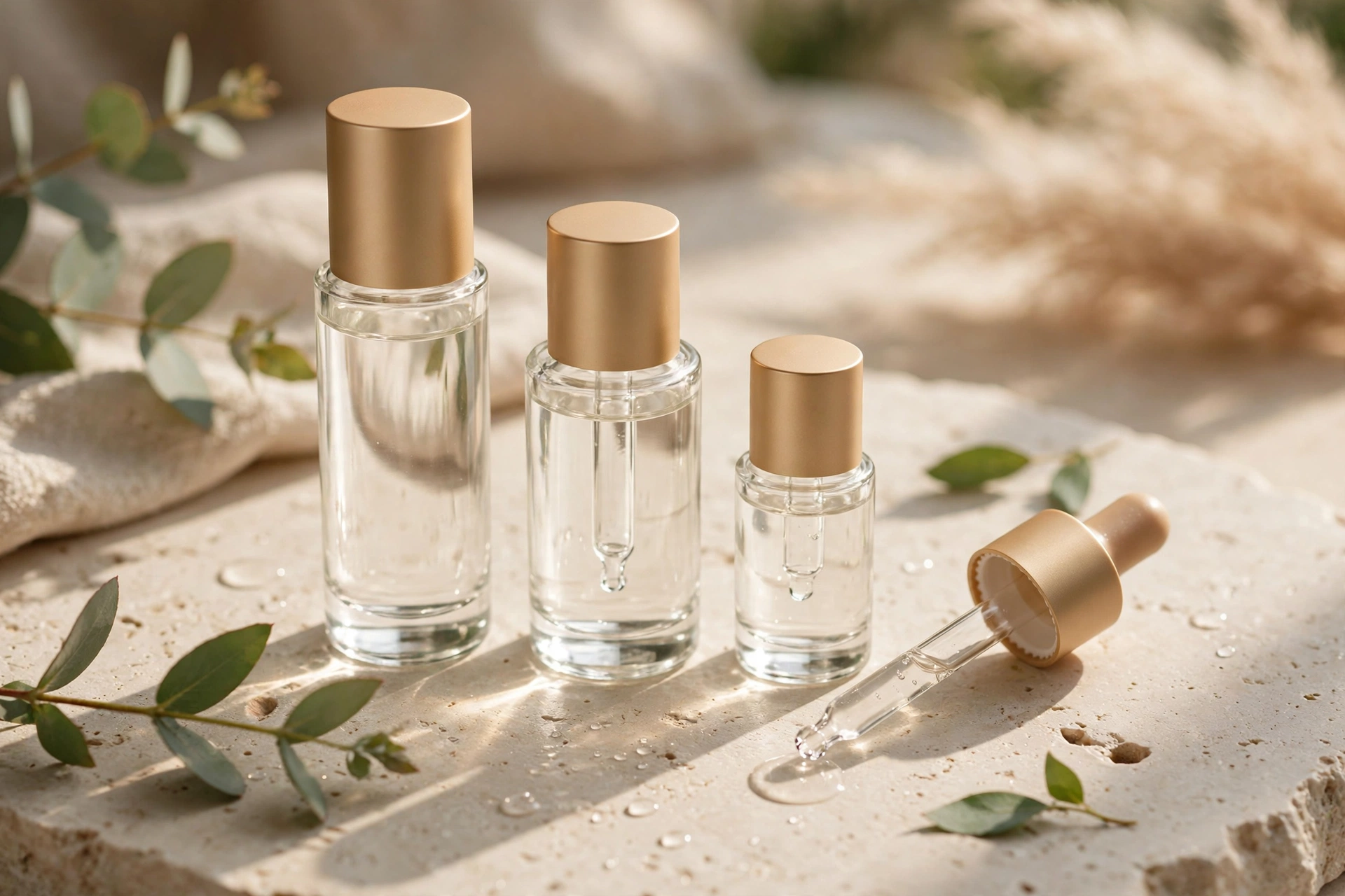 Glass serum bottles and dropper with clear skincare serum on a light stone surface