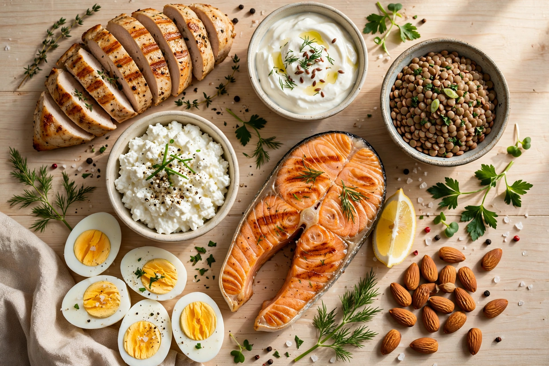 Overhead flat lay of high-protein foods: grilled chicken, salmon, eggs, Greek yogurt, cottage cheese, lentils and almonds