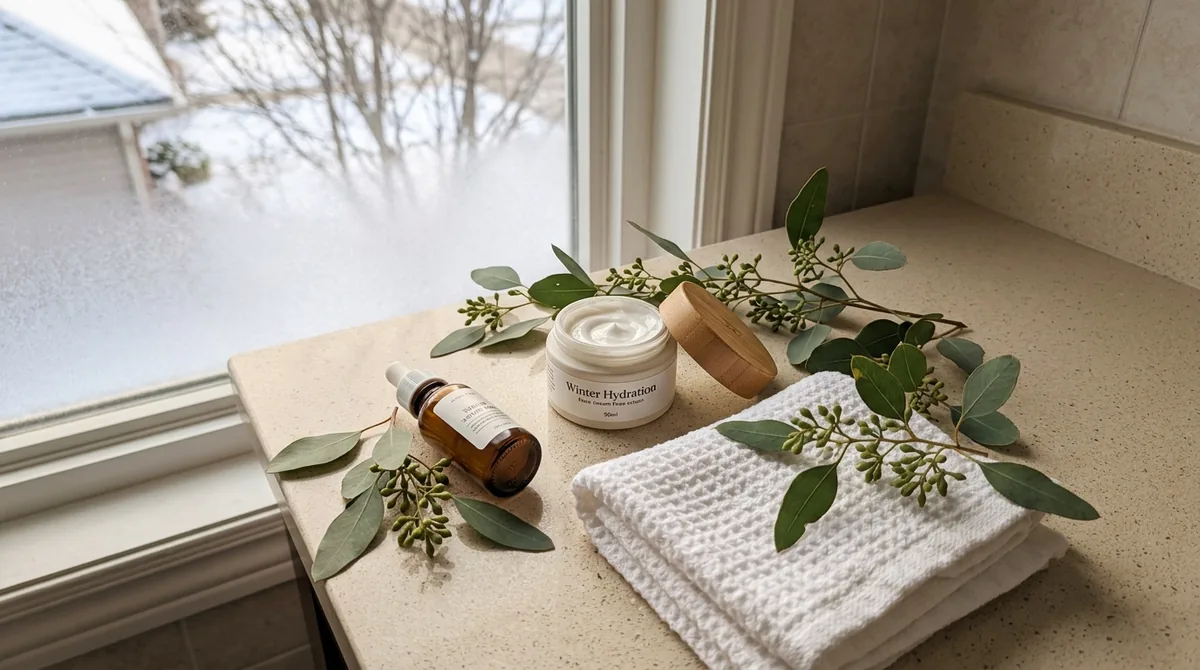 Winter dry skin routine products arranged on a bathroom counter